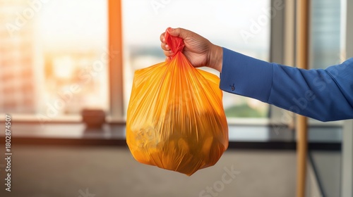 A housewife takes out a garbage bag, preparing to dispose of waste in a bright, modern living space with a view
