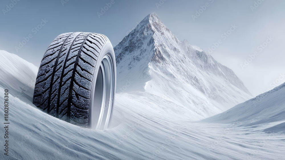 Fototapeta premium A tire is on a snowy mountain. The tire is upside down and has snow on it. Concept of adventure and excitement, as if someone is about to go on a thrilling ride down the mountain