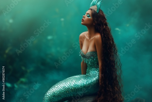 Fantasy Mermaid Woman with Long Hair and Turquoise Tail on a Rock. Transformative Teal.
