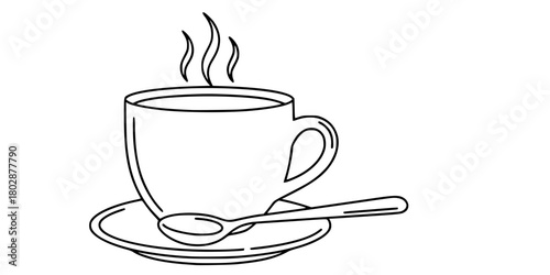 Steaming Mug and Saucer Cozy Hygge Simple Line Art Vector