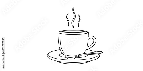Steaming Mug and Saucer Cozy Hygge Simple Line Art Vector