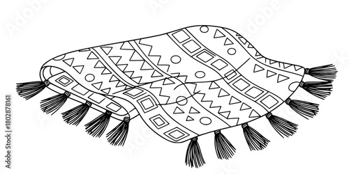 Cozy Blanket Geometric Pattern and Tassels Flat Vector