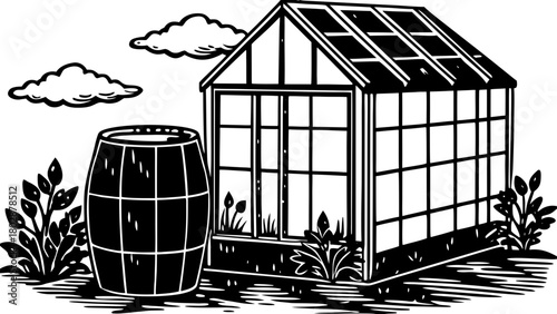 Greenhouse with rain barrel surrounded by plants and clouds in sky. The scene features a greenhouse and rain barrel, integrating natural elements for a sustainable garden concept.