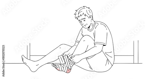 Man wrapping sore ankle with bandage sitting on floor. Individual securing protective wrap around injured ankle while seated and focused on recovery.