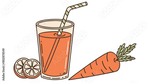 Refreshing carrot juice served in a glass with straw and lemon slices on side, showcasing vibrant orange color and fresh carrot. Enjoy refreshing carrot juice for health and wellness.