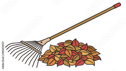 Rake next to colorful leaf pile isolated on white background. Rake illustrates autumn gardening tools with vibrant orange and red leaves. Concept of fall cleanup and seasonal yard work.