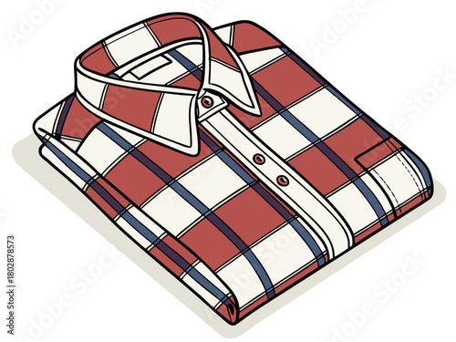 Folded flannel shirt with red and white check pattern displayed neatly. Flannel shirt showcases detailed button placket, crisp collar, and tailored design.
