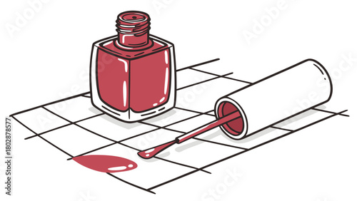 Nail polish bottle on tile with spilled red polish on white background. Simple nail polish presentation includes a sleek bottle, brush, and vibrant color showcasing fashion style.
