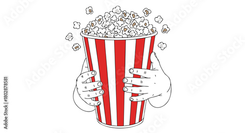 Child's hands holding striped popcorn tub full of fluffy popcorn. Popcorn features classic red and white stripes, overflowing with golden kernels. Concept popcorn for movie night or snack ideas.