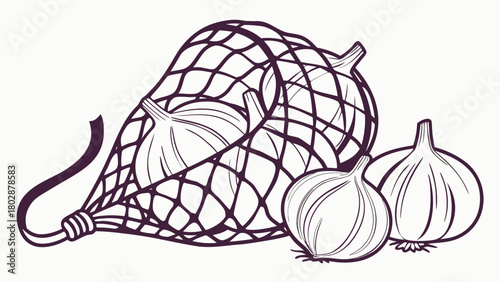 Garlic bulbs in mesh bag with additional garlic bulbs arranged on white background. Fresh garlic bulbs displayed prominently in a mesh bag, emphasizing vibrant culinary appeal.