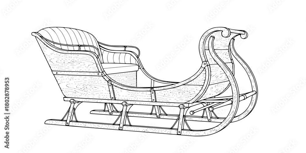 Fototapeta premium Antique Wooden Sleigh Simple Outline Flat Vector