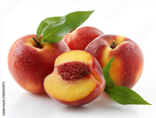 Fresh nectarines arranged on a white background with one cut in half showing the juicy interior and vibrant color