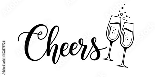 Script "Cheers" Champagne Flutes Elegant Line Art Vector