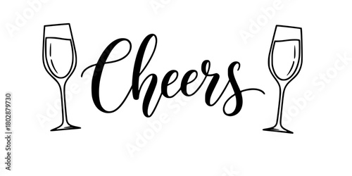 Script "Cheers" Champagne Flutes Elegant Line Art Vector
