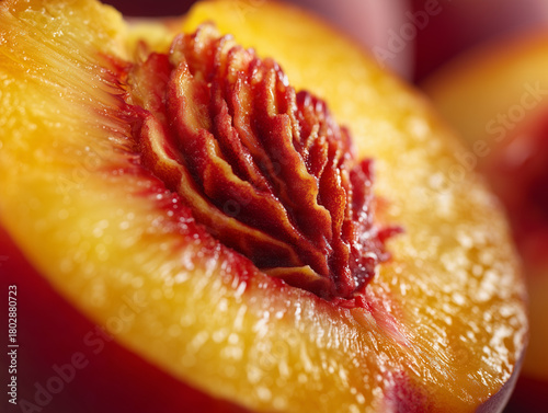 Freshly cut peach shows vibrant colors and rich texture in close-up view of fruit