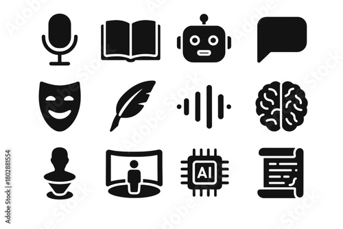 Icons brain robot icon vector sound stage ai storytelling mask open microphone