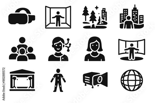 Virtual digital vector icons audience stage immersive motion suit room storytelling frame