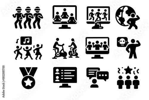 Icons spin virtual class icon synchronized vector dance session immersive marathon training