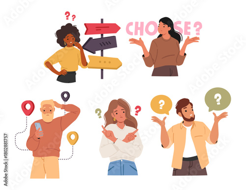Stressed people pondering searching alternatives answers making decision having difficult choice set