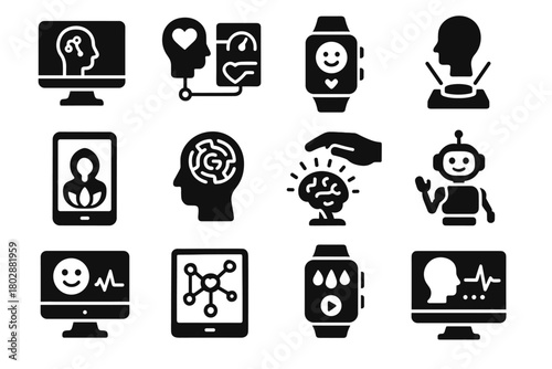 Icon mental assistant virtual vector stress icons digital interface mood therapy relief