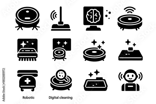 Connected scrubber device icons floor guide cleaning icon dirt tray vector futuristic