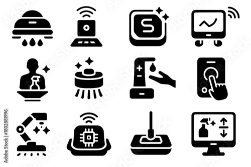 Vector monitor icon connected smart holographic icons automated digital cleaning dashboard