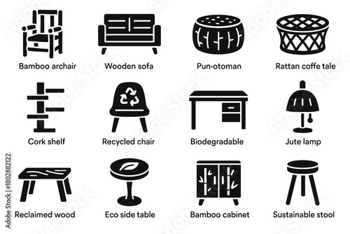 Rattan furniture bamboo icons table sofa vector chair sustainable reclaimed biodegradable eco