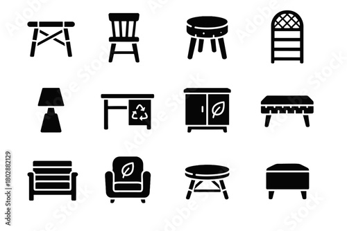 Vector furniture eco rattan wooden icons sustainable stool lamp jute desk table