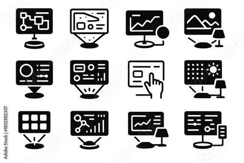 Digital automated dashboard icons board vector holographic interface light icon viewer connected