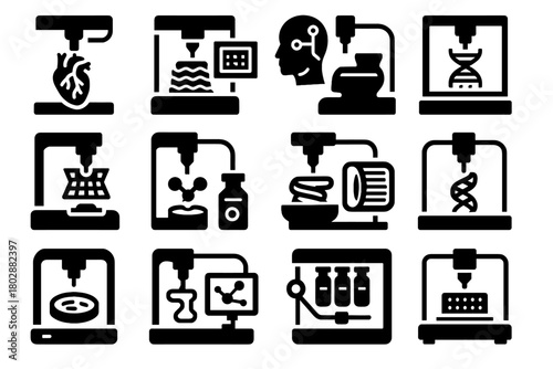 Connected automated icon vector printer futuristic scaffold organ bio digital printing protein