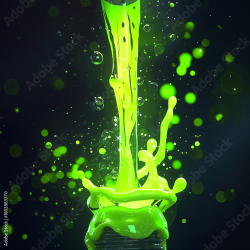 A dynamic explosion of fluorescent green liquid frozen in time with vibrant splashes and droplets against a dark background