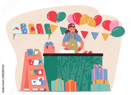 Saleswoman wrapping and decorating gifts providing high quality customer service at retail shop