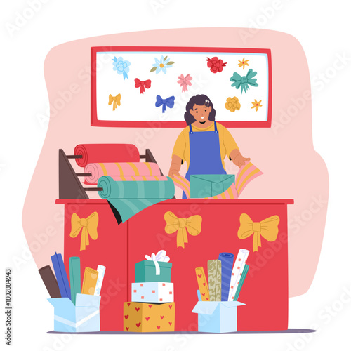 Happy smiling excited saleswoman wrapping gifts for client at shop counter desk cartoon scene