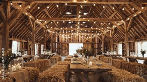 Rustic interior with wooden tables and hay bales warm lighting event decor copy space