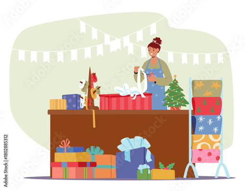 Saleswoman engaged in wrapping gifts providing skilled high-quality retail service cartoon scene