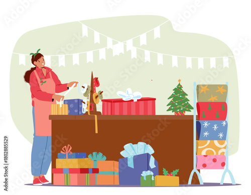 Experienced woman wrapping gifts with paper, bows and ribbons preparing customer order scene