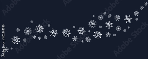 Curved arc made of snowflakes on dark background. Elegant winter ornament for seasonal greeting cards, invitations, packaging and festive design