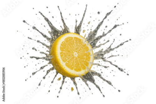 Lemon slice splashing into clear water, creating a refreshing burst and drops. Fresh citrus fruit on transparent background