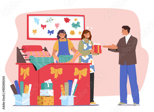 Man customer ordered decorating and wrapping service from gift shop employee cartoon scene