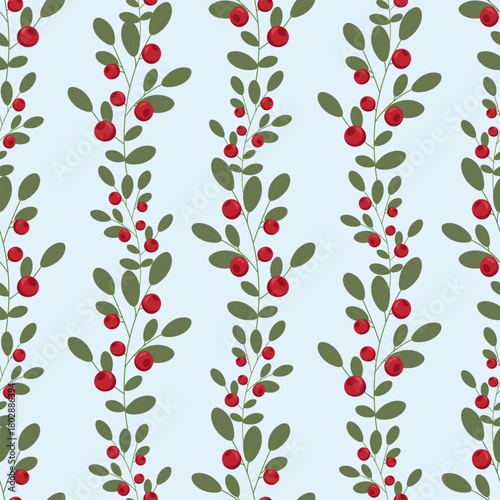 Seamless pattern with sprigs of red berries and green leaves on a light background. Perfect for festive, winter and Christmas gift paper, textile