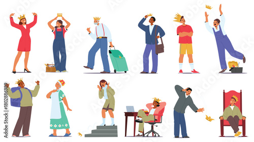 Diverse people wearing golden crowns representing strong self-esteem or excessive narcissism set