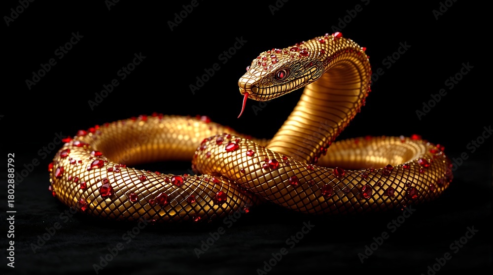 Fototapeta premium Ornate Golden Snake with Red Jewels on Black Background