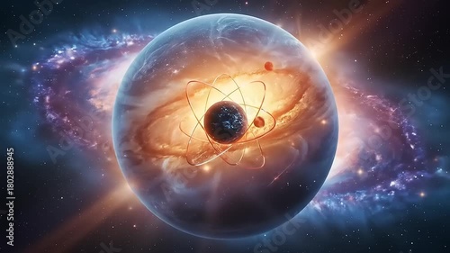 Atomic structure with galaxy background.