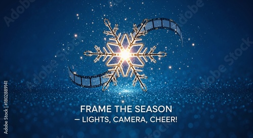 Festive Christmas snowflake wrapped in film strip on sparkling blue background. Holiday movie and cinema celebration. Winter entertainment event invitation