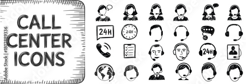 Hand-drawn black and white call center icon set with headsets, speech bubbles, support profiles, and 24H symbols, customer service concept