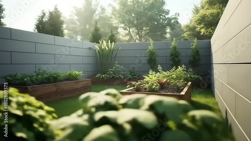 Backyard garden with raised beds and wall.