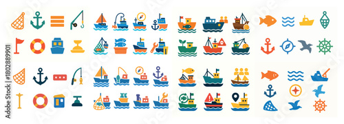 Colorful nautical icons collection for marine themes