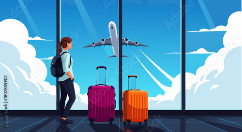 Woman at airport window, observing a modern airplane ascending into the sky, ready for a new journey with her luggage and travel anticipation