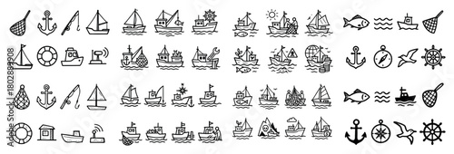 Nautical icons set featuring boats and marine symbols