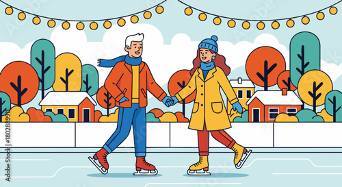 Couple Ice Skating on a Winter Day with Festive Lights and Snowy Landscape